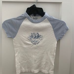 Brandy Melville John Galt “heaven sent” raglan ribbed tee white / baby blue
